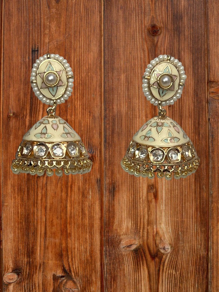 Ivory Gold Meenakari Jhumka Earrings
