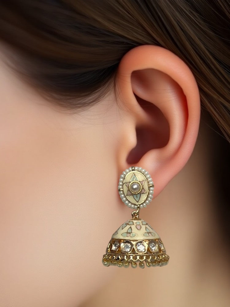 Ivory Gold Meenakari Jhumka Earrings