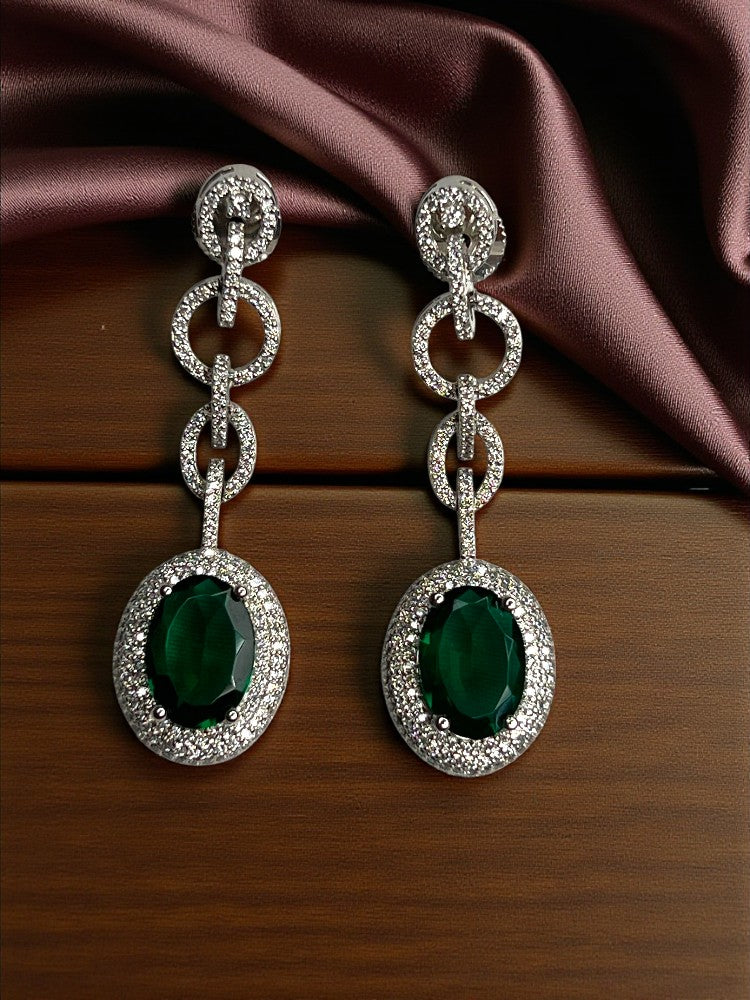 Emerald Silver Chain American Diamond Necklace Set