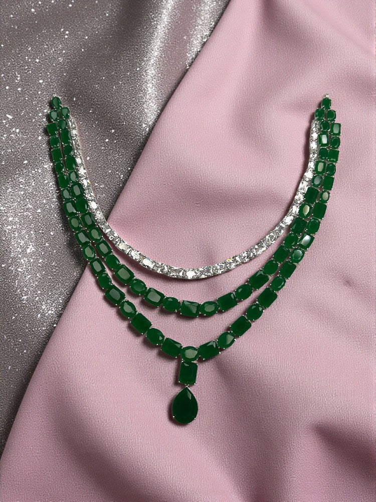 Emerald Silver Three Layer Necklace Set