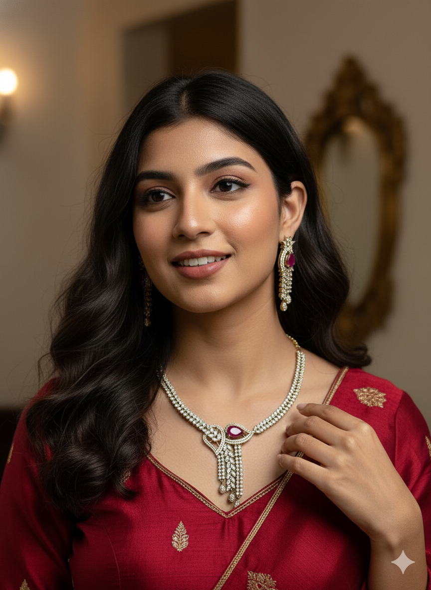 Ruby Golden Niharika American Diamond Necklace Set