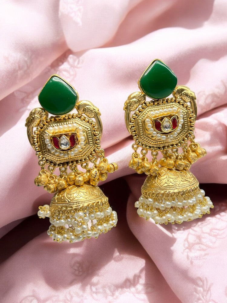 Golden Emerald Kaira Brass Jhumki Earrings