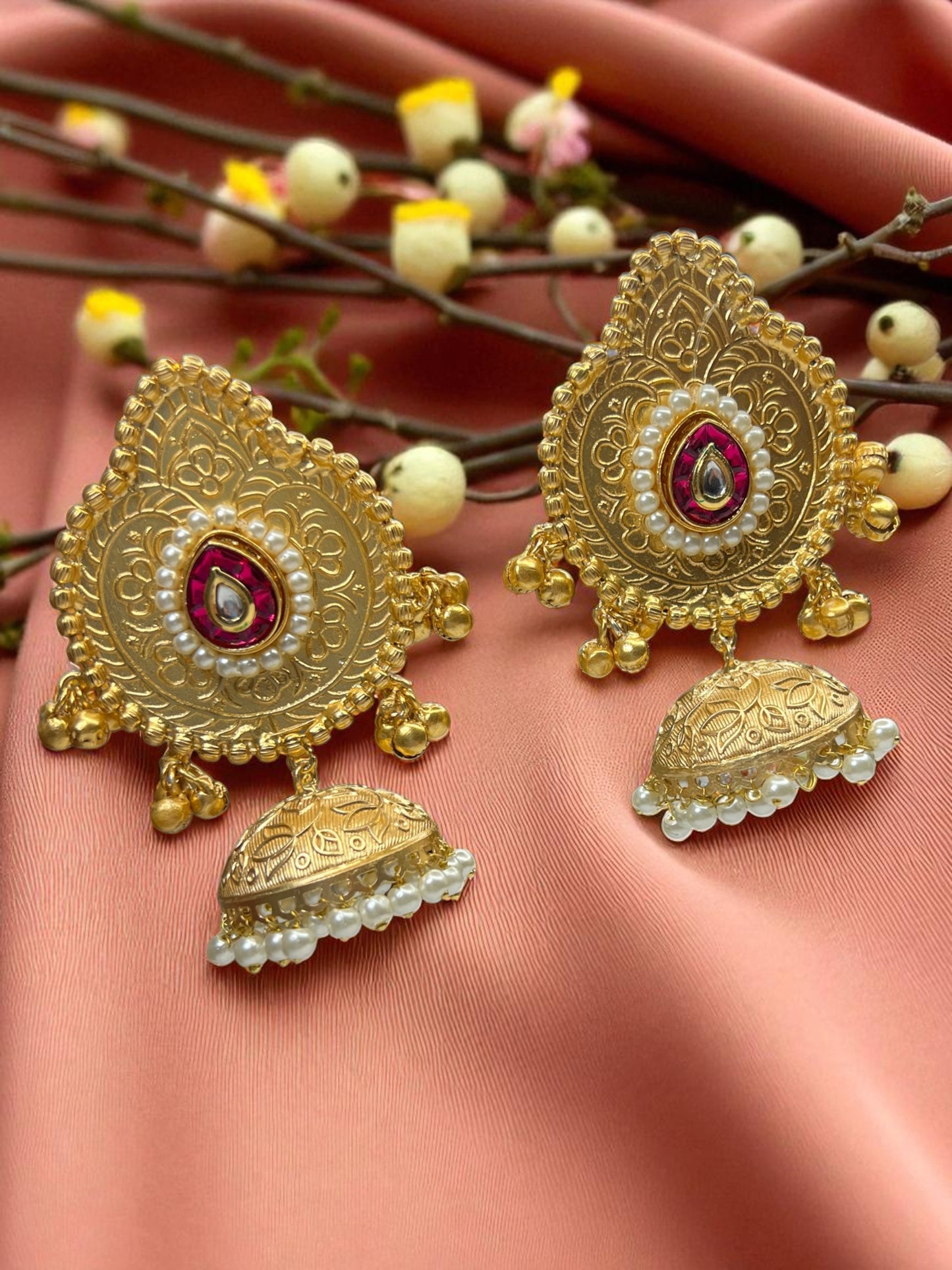 Golden Red Vihana Brass Jhumki Earrings