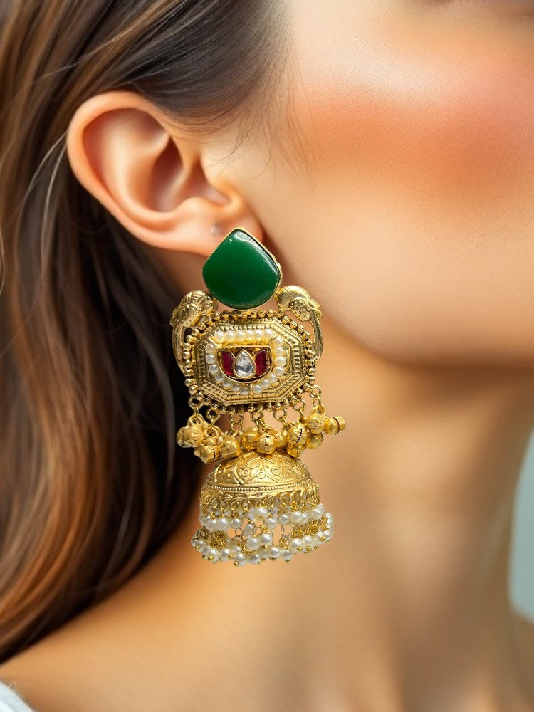Golden Emerald Kaira Brass Jhumki Earrings