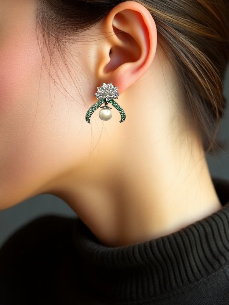 Green AD Pearl Stud Earrings
