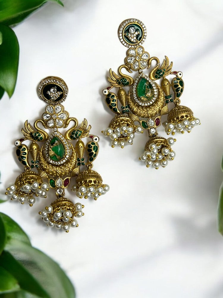 Green Kaveri Pearl Brass Jhumki Earrings