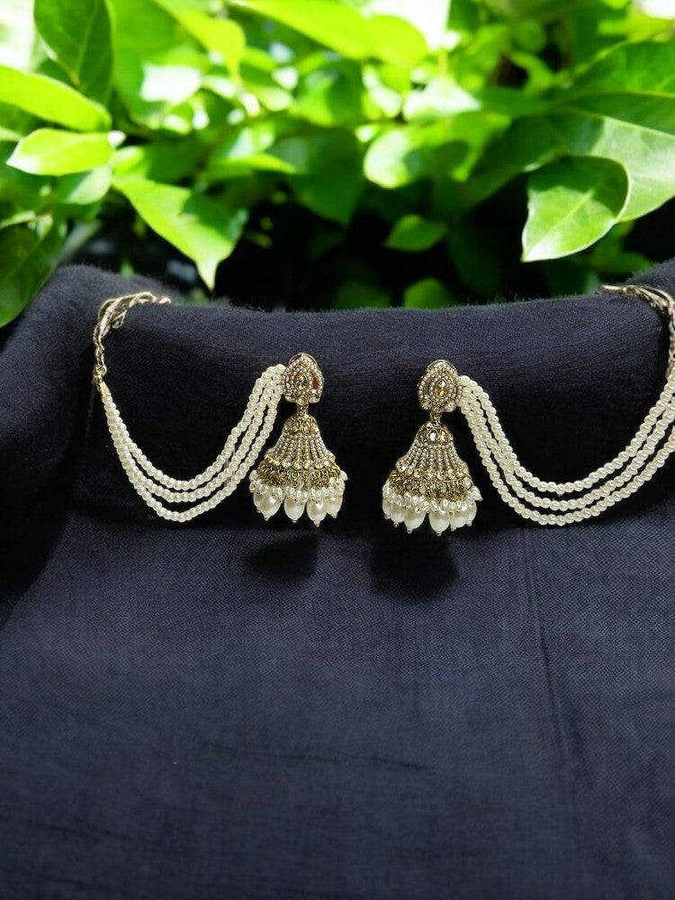 Ivory Purna Jhumkis with Sahara chain and Maangtikka