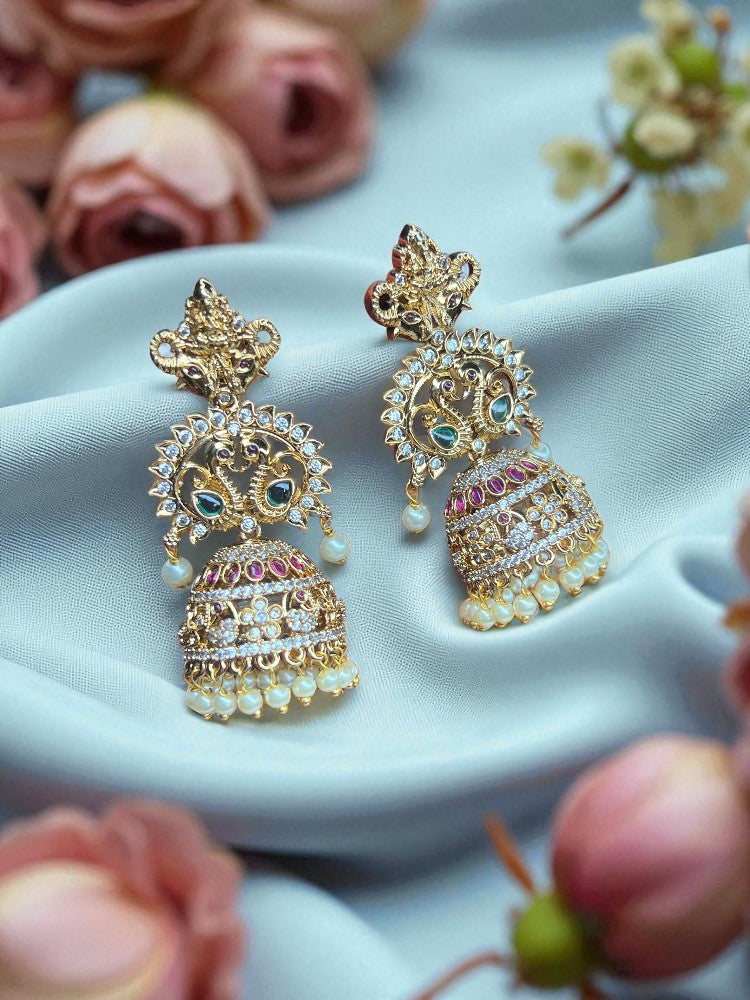Golden Kaashvi Temple Jhumki Earrings