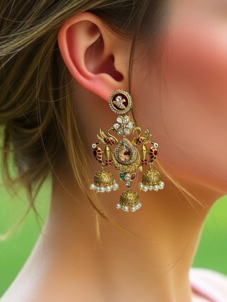 Red Kaveri Pearl Brass Jhumki Earrings