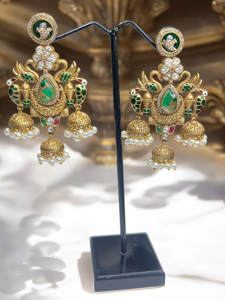 Green Kaveri Pearl Brass Jhumki Earrings