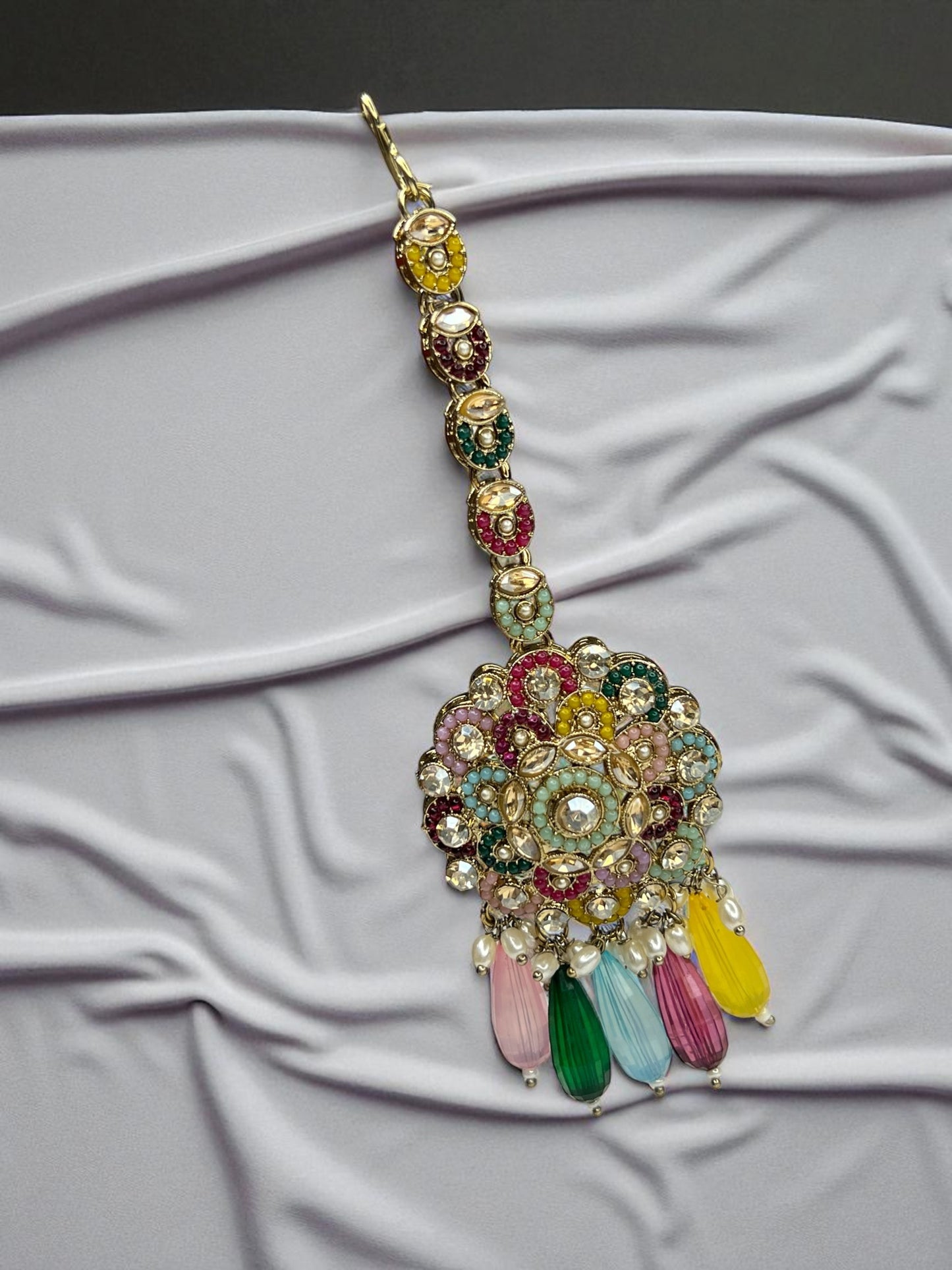 Multicolour Deeksha Jhumki Earrings with Sahara Chain and Maangtikka