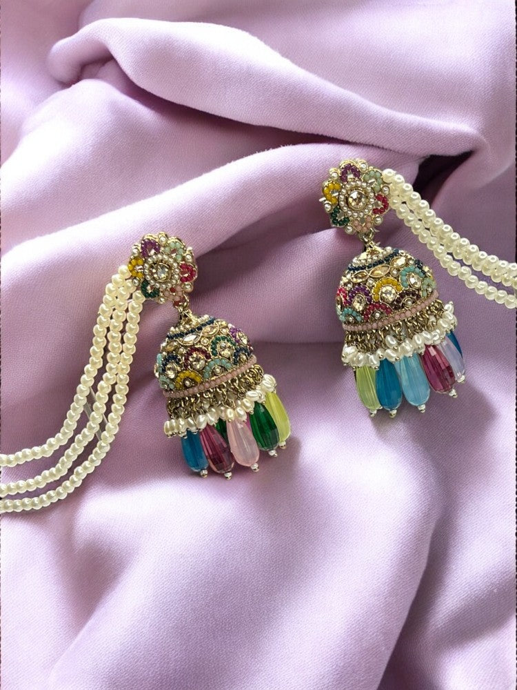 Multicolour Deeksha Jhumki Earrings with Sahara Chain and Maangtikka