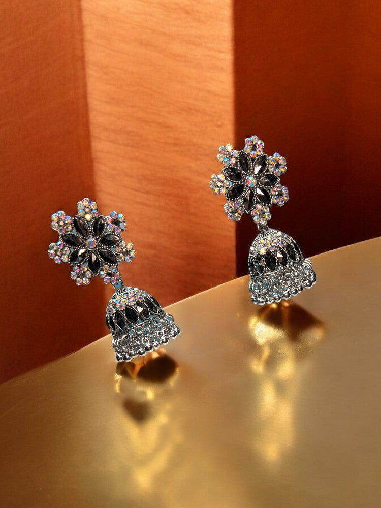 Oxidised Flower Jhumka Earrings