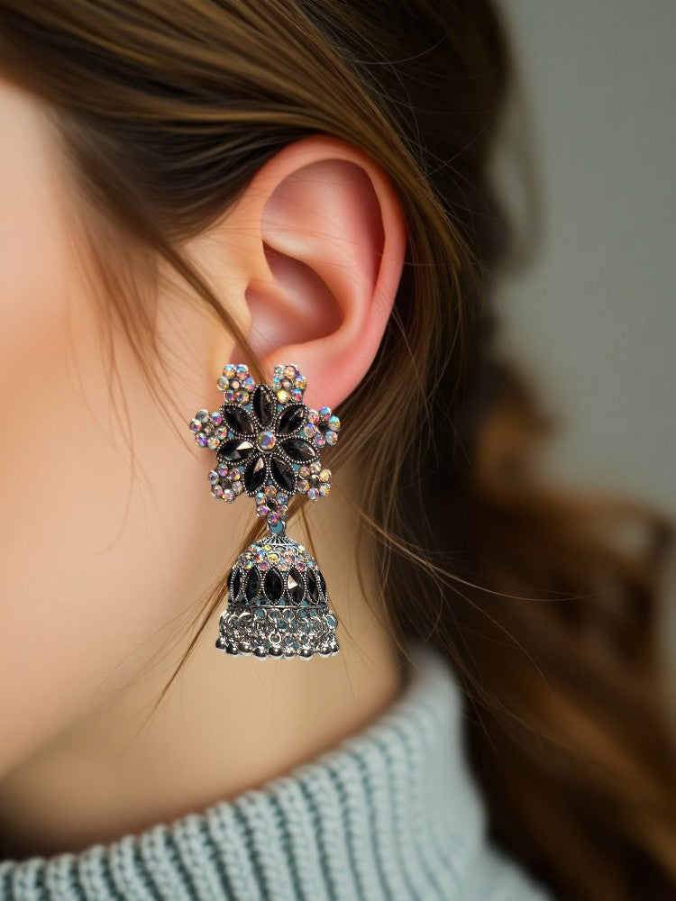 Oxidised Flower Jhumka Earrings