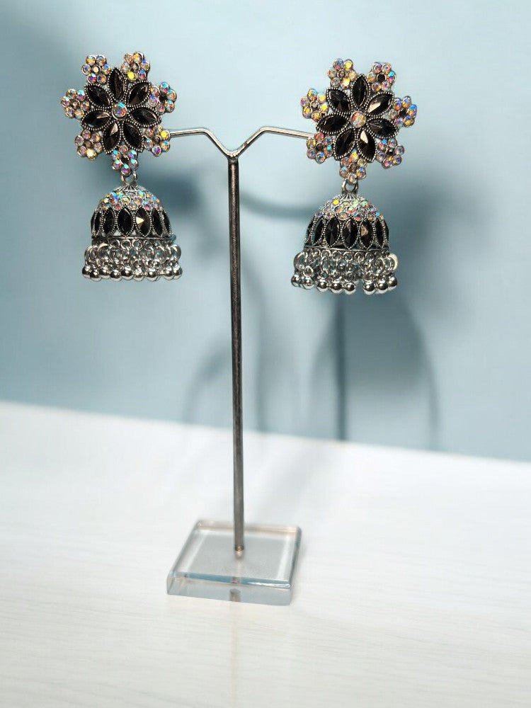 Oxidised Flower Jhumka Earrings