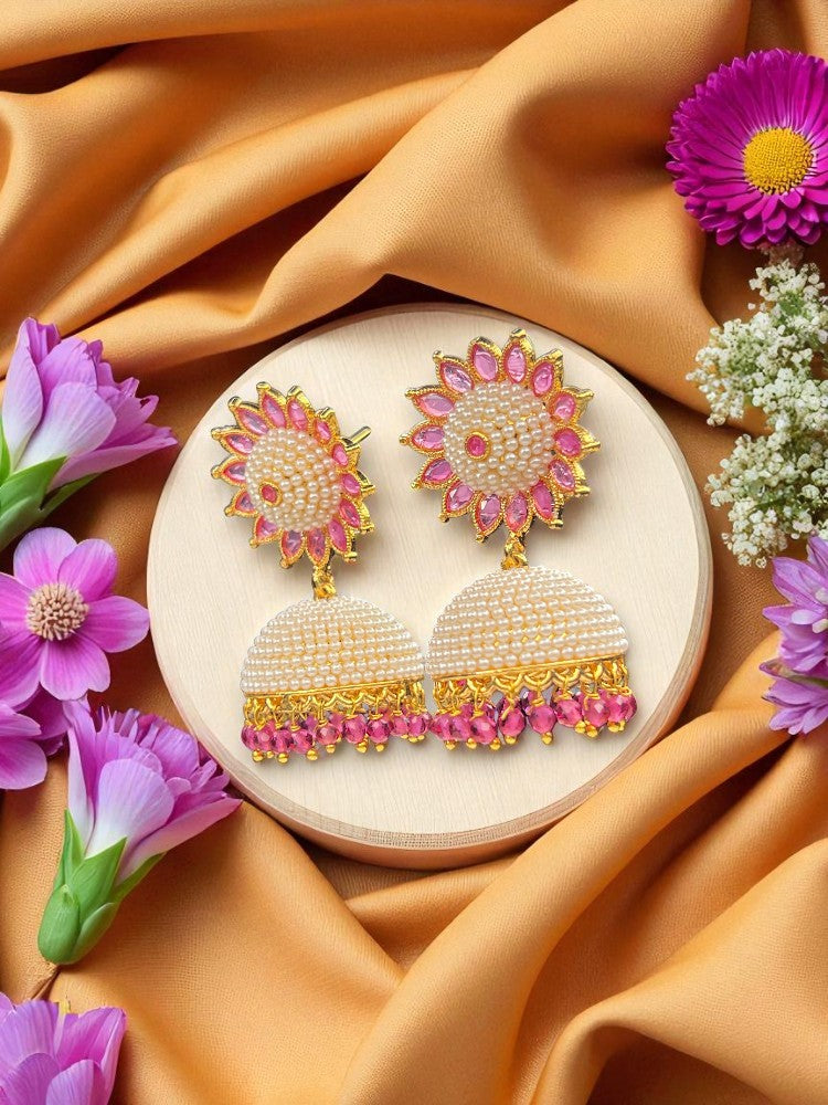 Pink Ivory Sunflower Jhumki Earrings