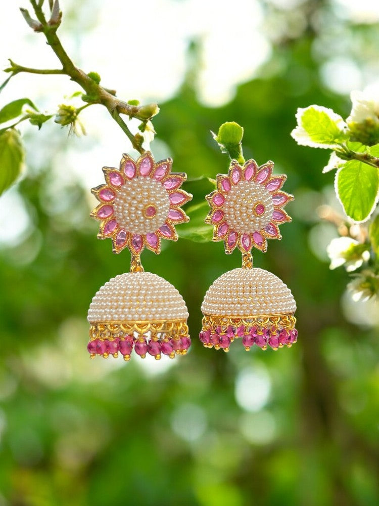 Pink Ivory Sunflower Jhumki Earrings