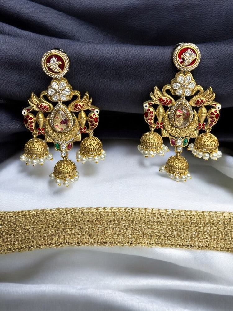 Red Kaveri Pearl Brass Jhumki Earrings