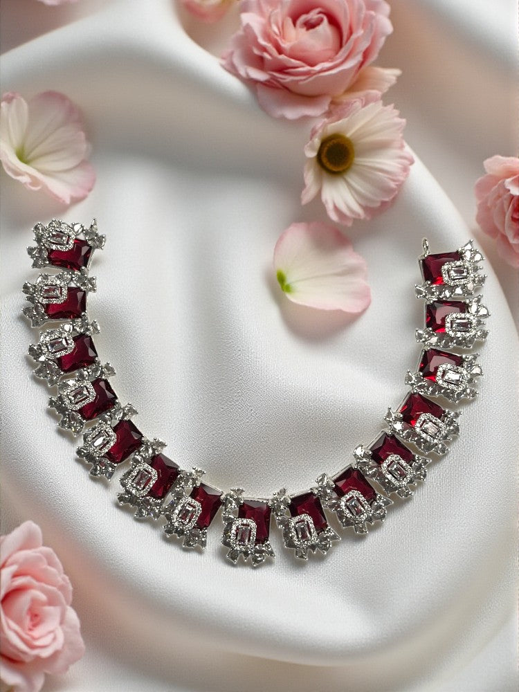 Ruby Silver Mahika American Diamond Necklace Set