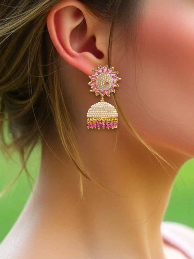 Pink Ivory Sunflower Jhumki Earrings