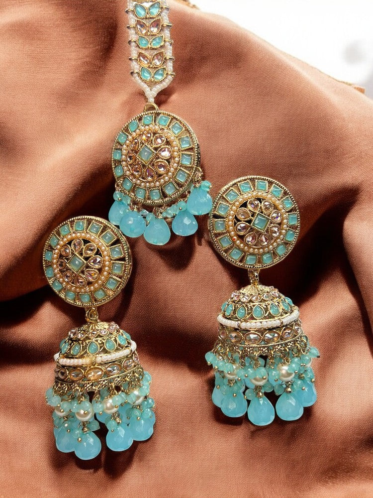 Turquoise Sheena Jhumka Earrings with Maangtikka