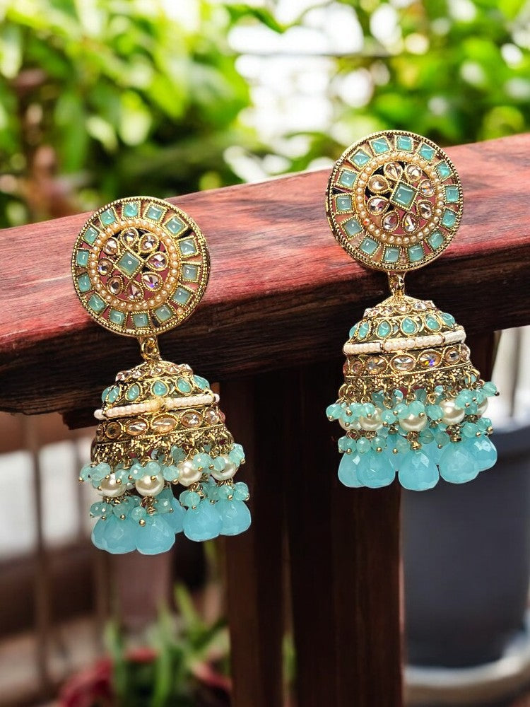 Turquoise Sheena Jhumka Earrings with Maangtikka