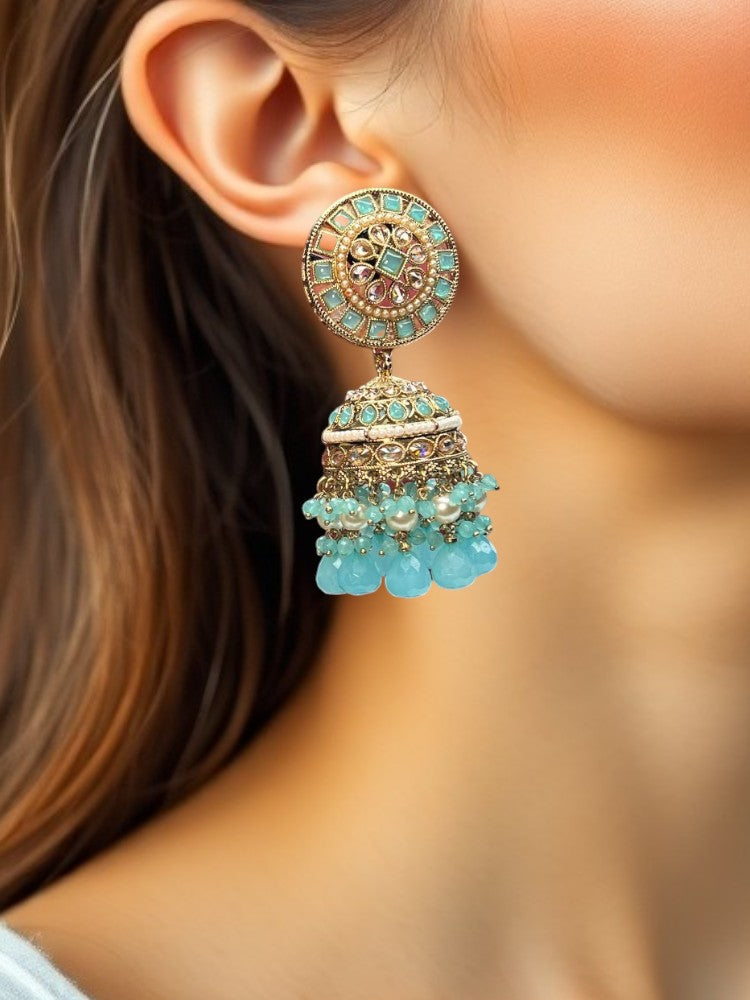 Turquoise Sheena Jhumka Earrings with Maangtikka