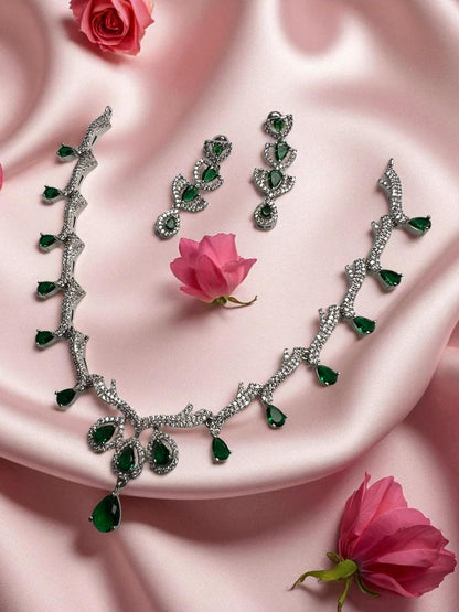 Green Silver Indira AD Necklace Set