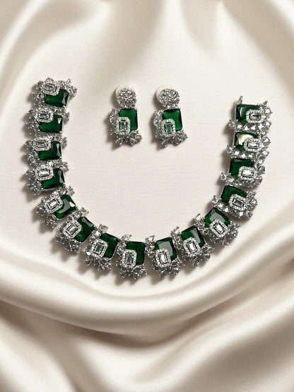 Emerald Silver Mahika American Diamond Necklace Set