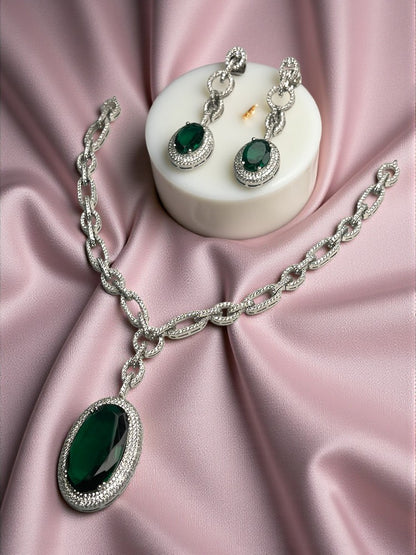 Emerald Silver Chain American Diamond Necklace Set