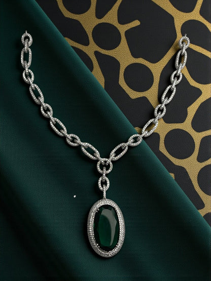 Emerald Silver Chain American Diamond Necklace Set