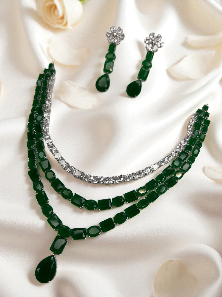 Emerald Silver Three Layer Necklace Set