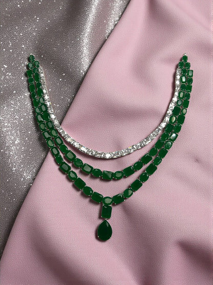 Emerald Silver Three Layer Necklace Set