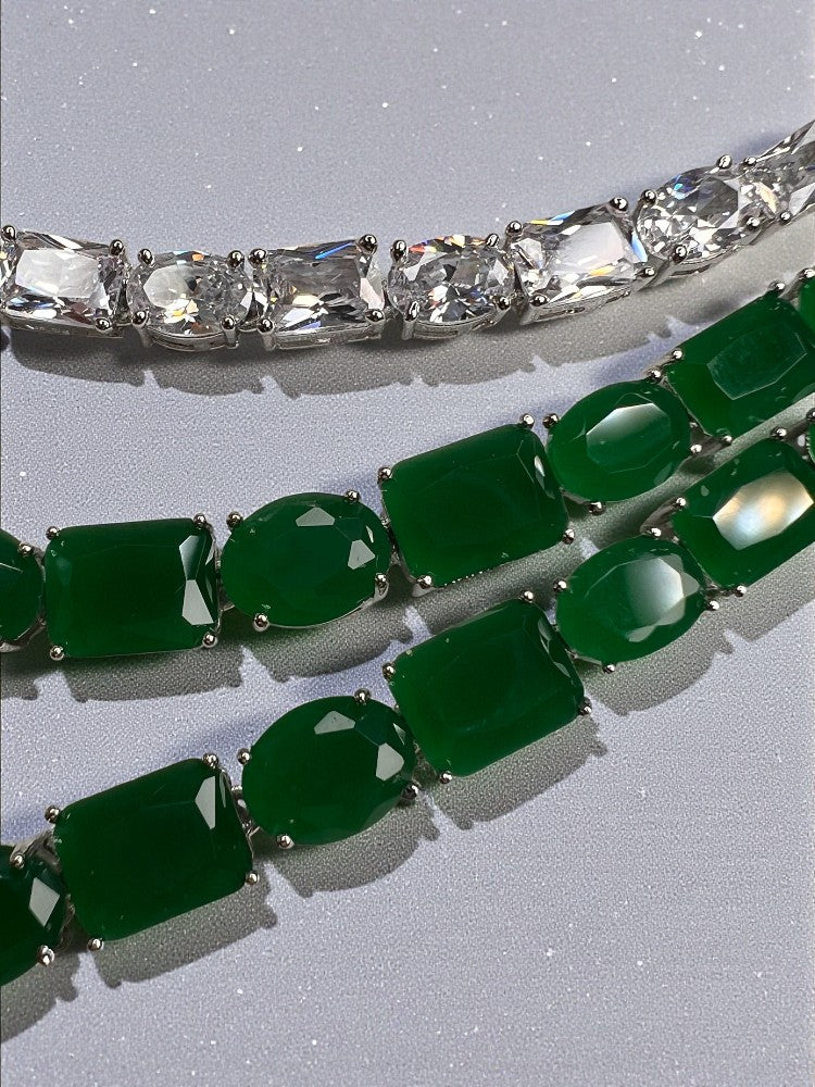 Emerald Silver Three Layer Necklace Set