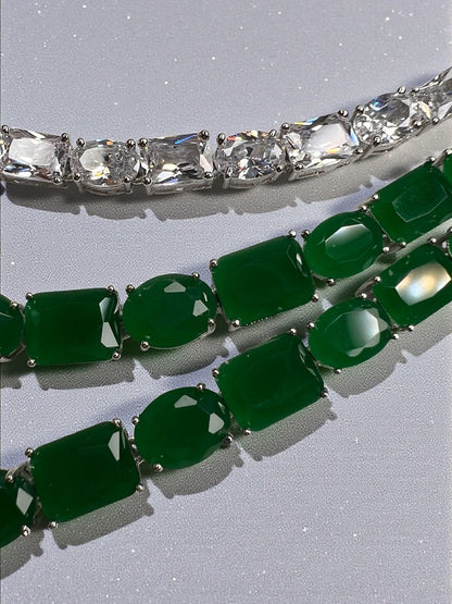 Emerald Silver Three Layer Necklace Set