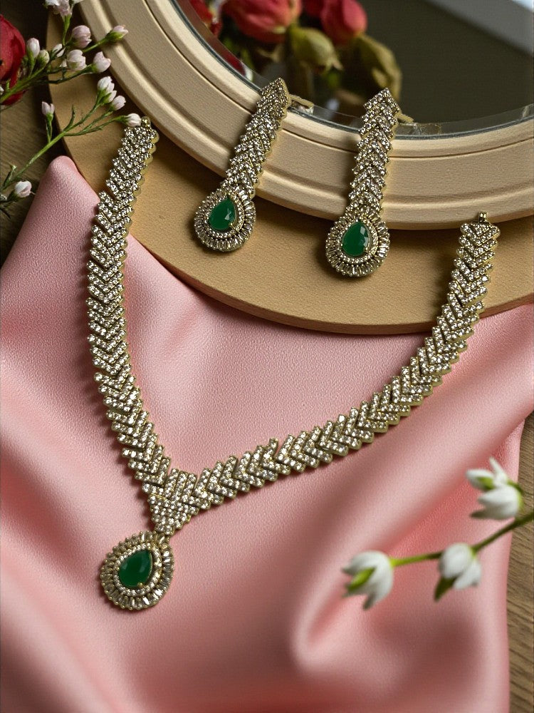 Green Gold Jasmine American Diamond Necklace Set