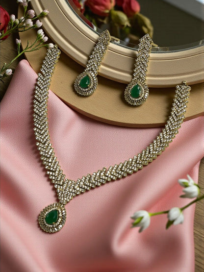 Green Gold Jasmine American Diamond Necklace Set