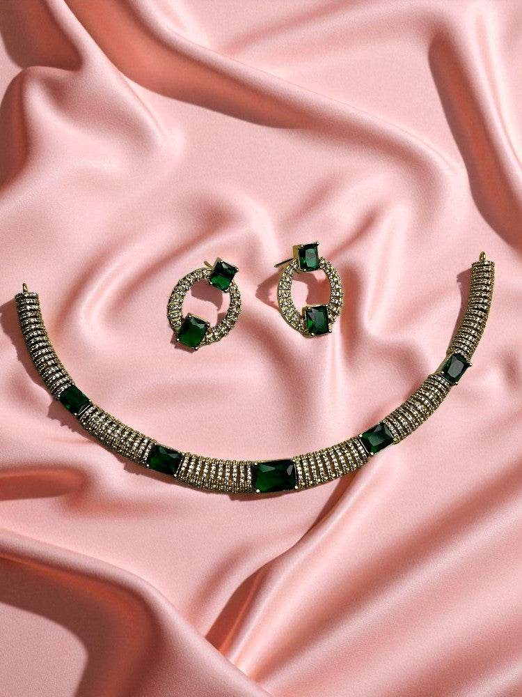Emerald Gold Vamika American Diamond Necklace Set