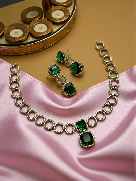 Emerald Gold Vanya American Diamond Necklace Set