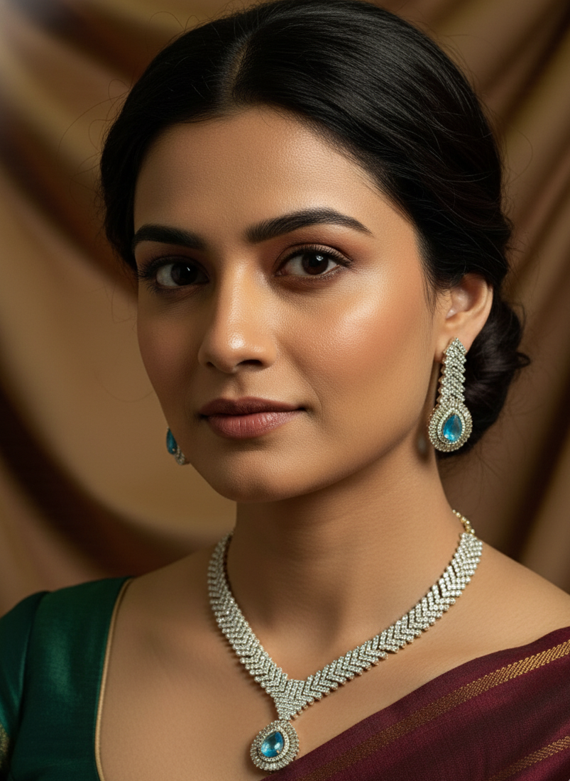 Turquoise Gold Jasmine American Diamond Necklace Set