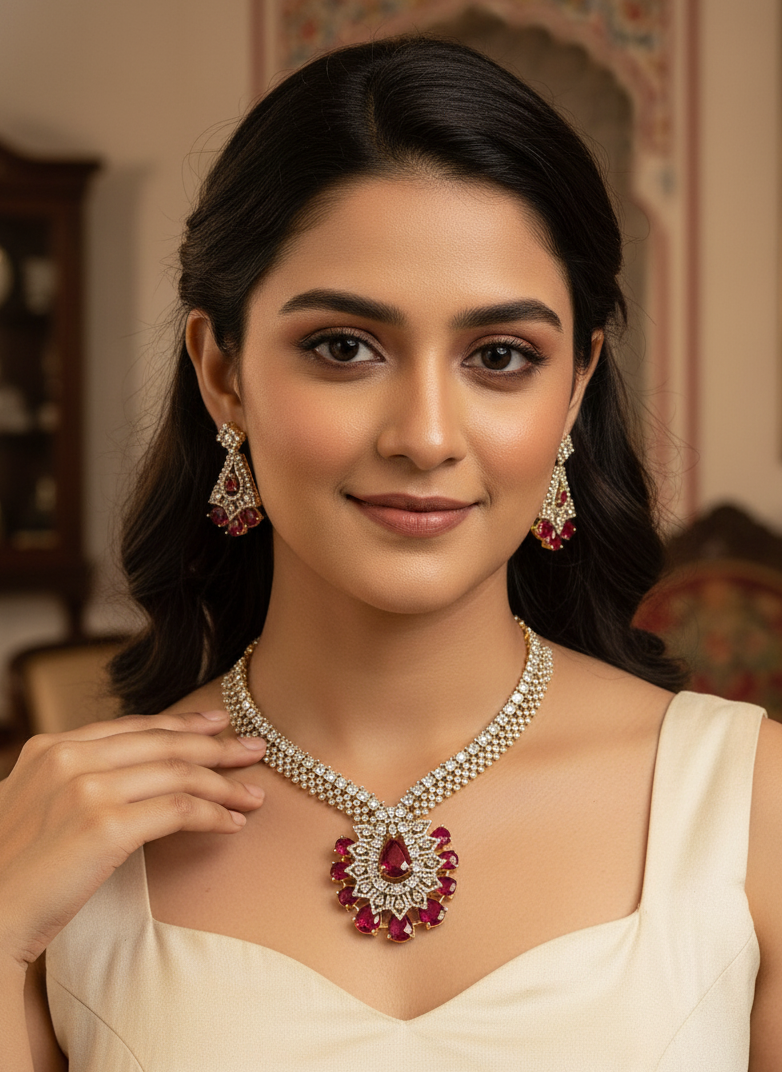 Ruby Gold Bela American Diamond Necklace Set