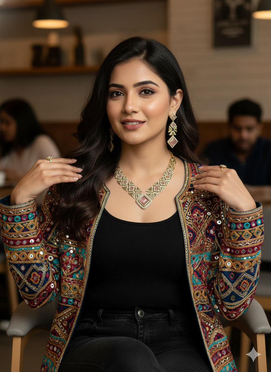 Pink Gold Jiya American Diamond Necklace Set