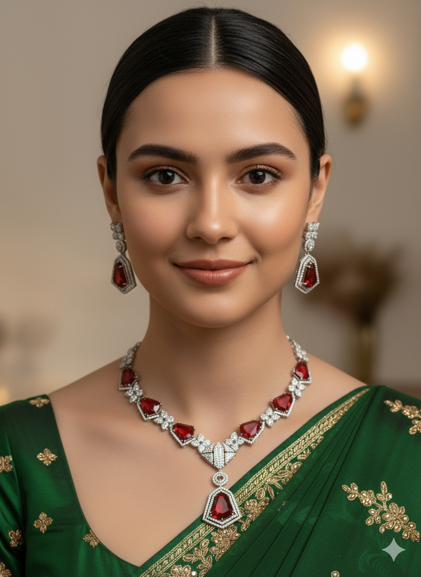 Ruby Silver Swara American Diamond Necklace Set