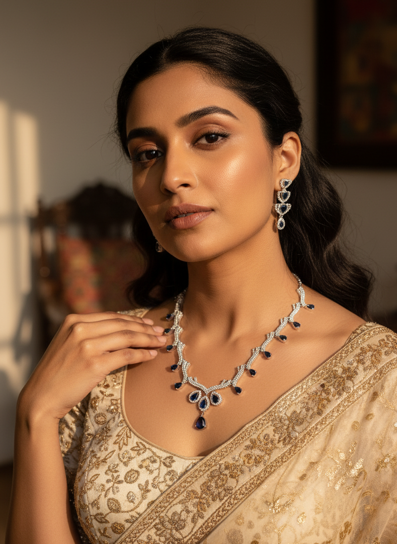 Navy Blue Silver Indira AD Necklace Set