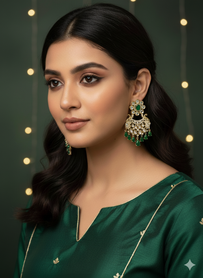 Emerald Green Misha Chandbali Earrings