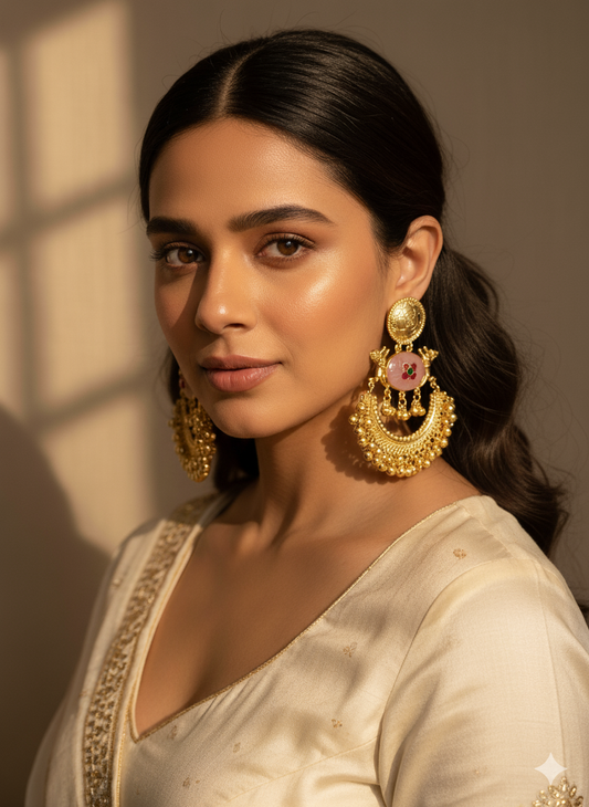 Golden Pink Kashvi Brass Chandbali Earrings