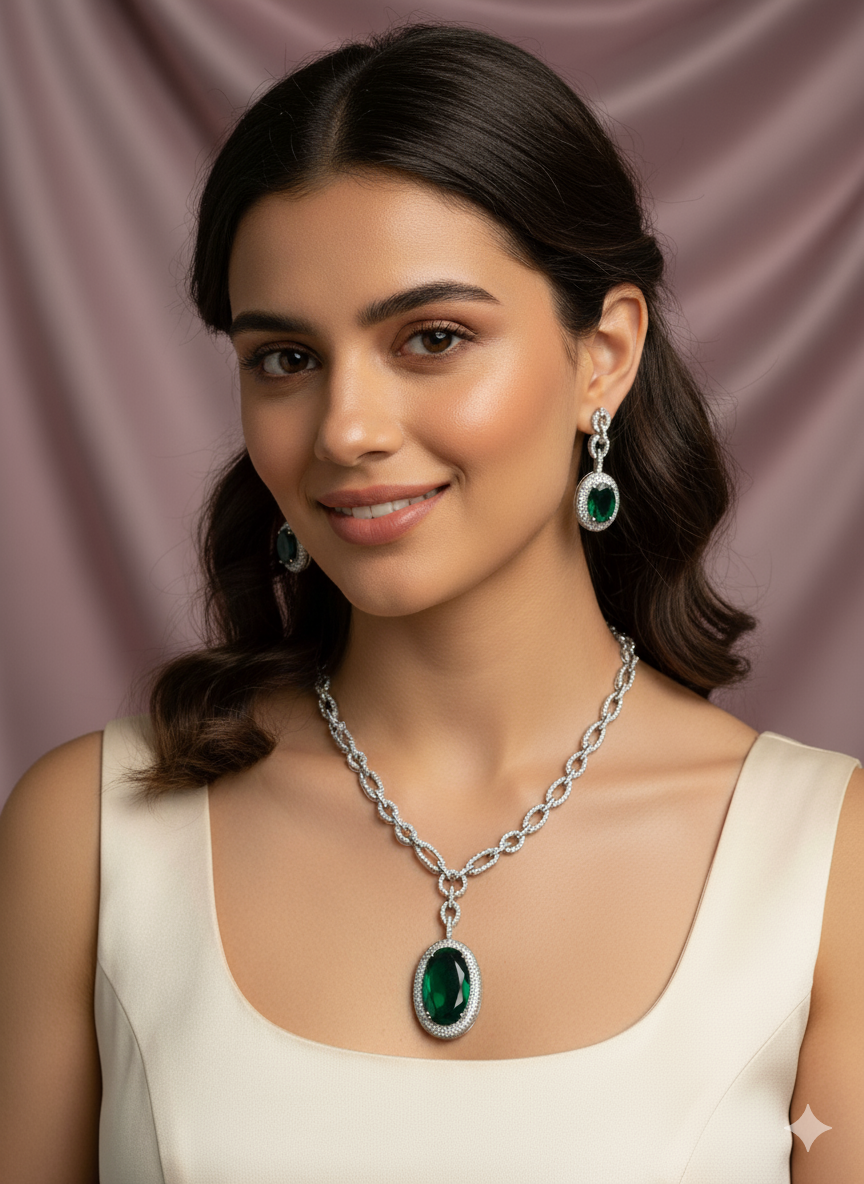 Emerald Silver Chain American Diamond Necklace Set