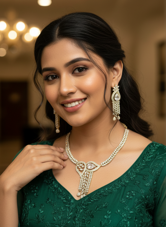Golden Niharika American Diamond Necklace Set