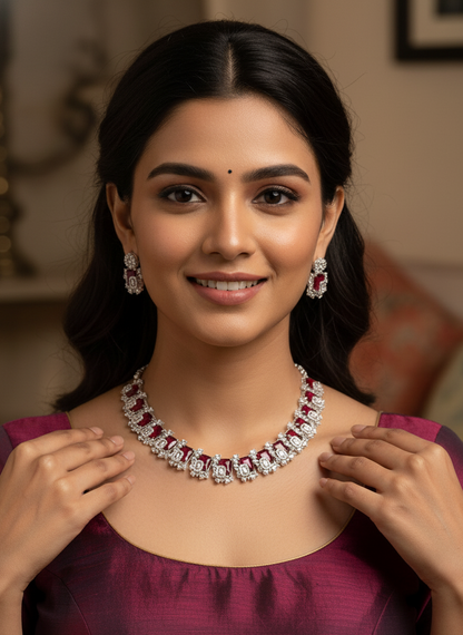 Ruby Silver Mahika American Diamond Necklace Set
