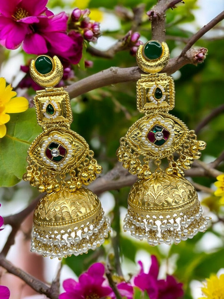 Golden Green Priyali Brass Jhumki Earrings